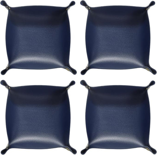 HARFINGTON 4pcs PU Leather Valet Tray Unisex Folding Small Catchall Tray Portable Entryway Table Tray Nightstand Bedside Desk Tray for Key Wallet Watch Coin Jewelry Dice, Dark Blue