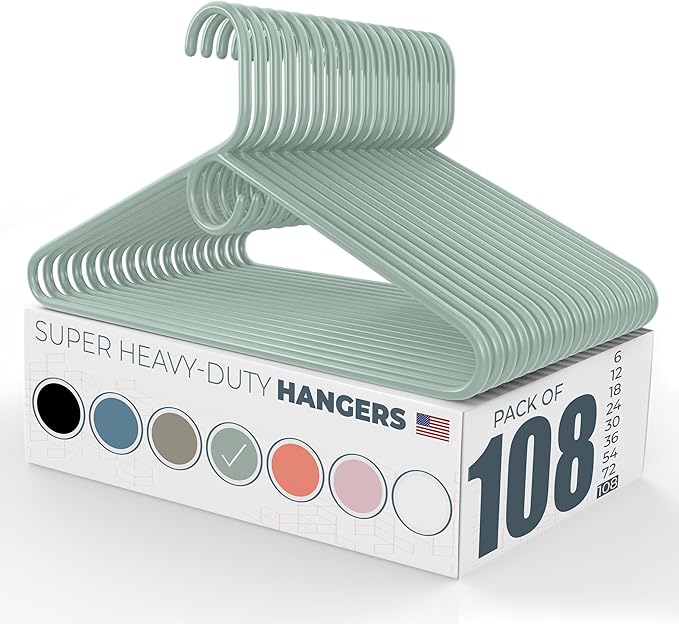 Neaties Super Heavy Duty Clothes Hangers 100 Pack (108 Count) â Made in The USA - 10lb Capacity, Thick Plastic Hangers for Pants, Coats, Jackets, Jeans and Adult Clothing â Mint