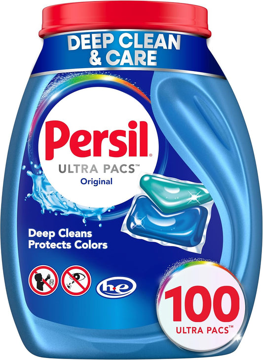 Persil Ultra Pacs Original Everyday Clean Laundry Detergent, 100 Count, No Mess, Single-Dose Laundry Soap, Deep Clean Fabric Care for Colors & Whites, All Water Temperatures, HE Safe