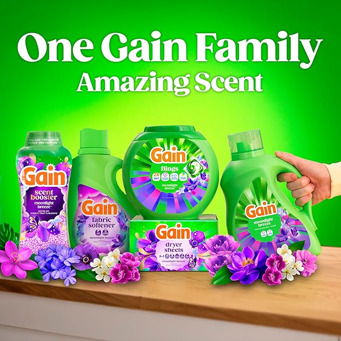 Gain Flings Liquid Washing Detergent Pacs with Odor Defense + Color Guard, Moonlight Breeze Scent, 4-In-1 Liquid Laundry Detergent Pods, Clean & Fresh, 60 Count (Packaging May Vary)