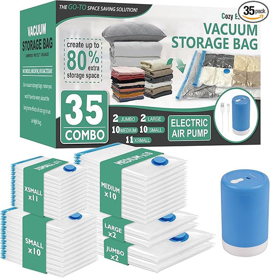Cozy Essential 35 Pack Vacuum Storage Bags with Portable Rechargeable Wireless Portable Electric Pump, Vacuum Seal Space Saver Bags for Clothing, Pillows, Blanket, Bedding, Comforters