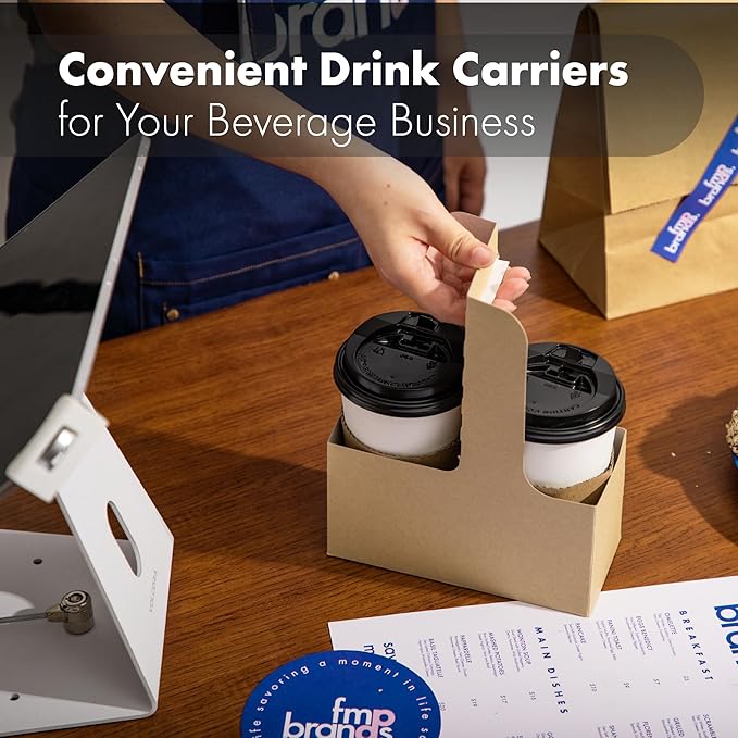FMP Brands 2 Cup Disposable Drink Carrier with Handle, 250 Pack Kraft Paperboard Handled Drink Carriers 12-30 oz to Go Coffee Cup Holder, Cup Carrier for Cold Hot Drinks, Valentine Mother's Day