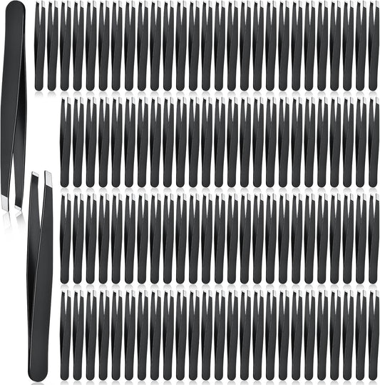 Lasnten 120 Pieces Stainless Steel Eyebrow Slanted Tweezers Black Slanted Tip Eyebrow Tweezers for Men and Women Removal Eyebrows,Ingrown Hair,Hand and Facial Hair,Lash Extension