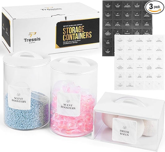 Laundry Pod Storage Container Set | Two 3L Glass Jars & One Acrylic Dryer Sheet Container with Bamboo Lids â Includes 2 Scoops, 60 Waterproof Laundry Labels â Dishwasher Safe