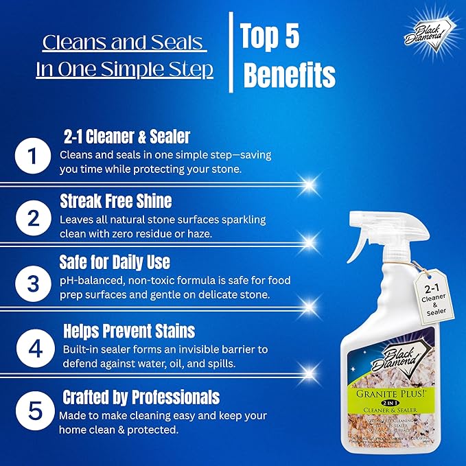 Black Diamond Stoneworks Granite Plus 2-in-1 Cleaner & Sealer, pH Neutral, Streak-Free Stone Cleaner for Granite, Marble, Quartz, Travertine & Limestone Countertops, Ready to Use (1-Quart/1-Gallon)