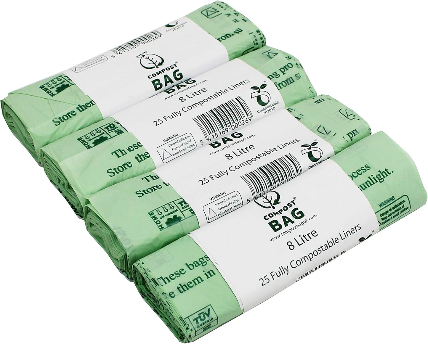 8 Litre x 100 bags Compost Bag Compostable Kitchen Caddy Liner - Food Waste Bin Liners - EN 13432-8L Bags with Composting Guide