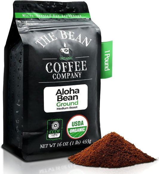 The Bean Organic Coffee Company Aloha Bean (Hawaiian Hazelnut), Medium Roast, Ground Coffee, 16-Ounce Bag,Café molido tostado organico