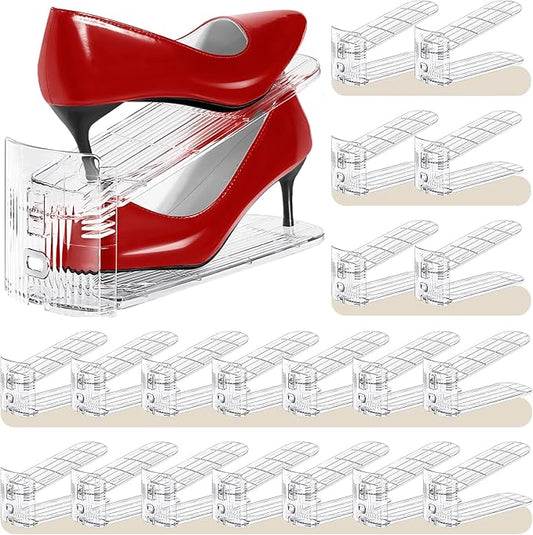 Shoe Slots Organizer 20 Pack - Shoe Stackers, 3 Levels Adjustable, Space Savers 50%, Double Layer Holders for Closet (Transparent), Organizador de Zapatos