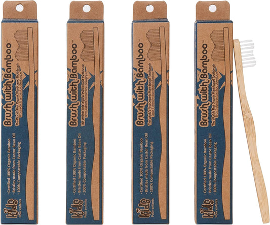 Brush with Bamboo Toothbrush with Plant-Based Bristles, Organic Bamboo, BPA-Free, Eco-Friendly, 100% Biobased, Soft Bristles, Zero Waste, Dental Care Product - 4 Pack
