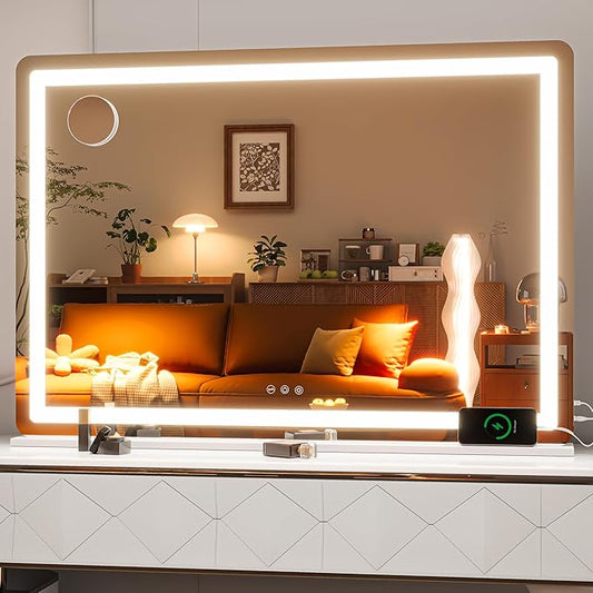 Hasipu Vanity Mirror with Lights, 41.3" x 30" LED Makeup Mirror, Lighted Makeup Mirror with Dimmable 3 Modes, Touch Screen Control Vanity Mirror Round White