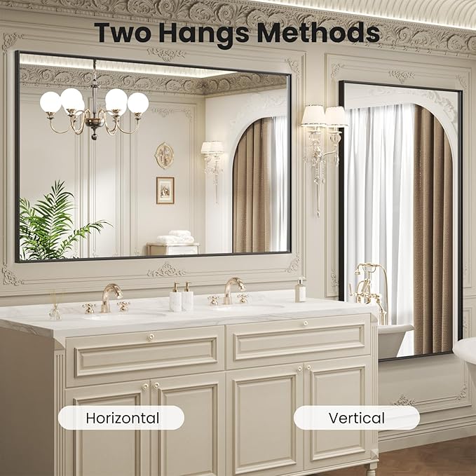 LOAAO Black Bathroom Mirror 72"X40" for Wall, Rectangle Bathroom Vanity Mirror, Tempered Glass, Hangs Vertically or Horizontally, Easy to Install, Modern Design
