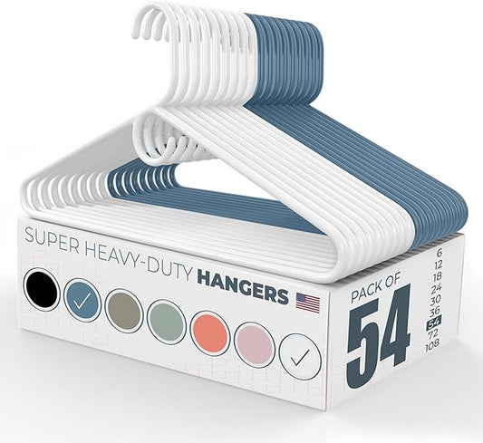 Neaties Super Heavy Duty Clothes Hangers 50 Pack (54 Count) â Made in The USA - 10lb Capacity, Thick Plastic Hangers for Pants, Coats, Jackets, Jeans and Adult Clothing â White & Blue