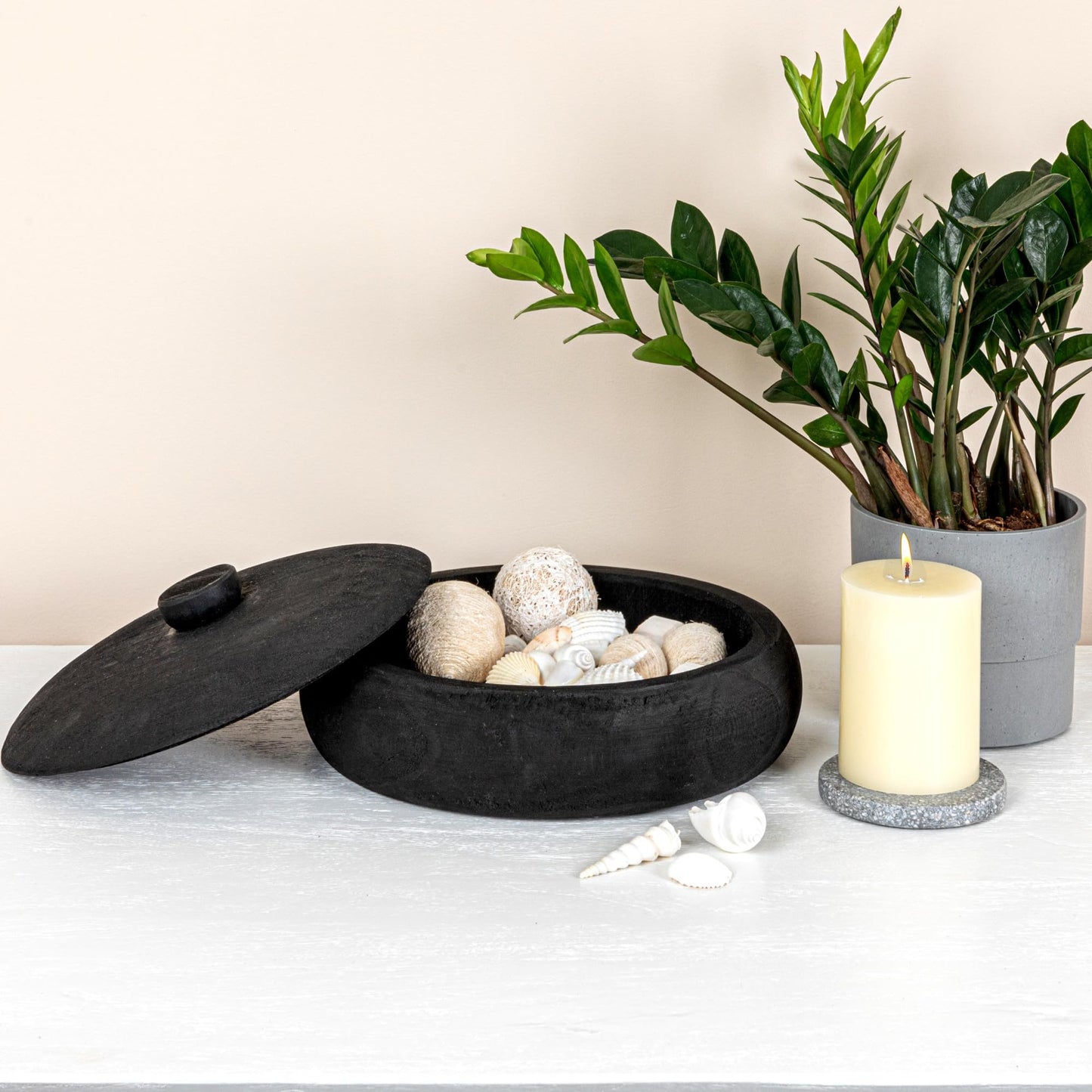 Creative Co-Op Decorative Paulownia Wood Container with Lid, Black