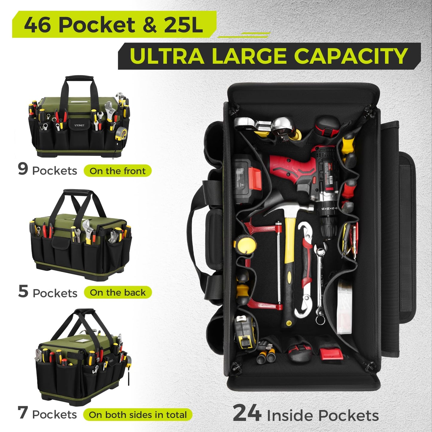 Heavy Duty Tool Bag 16-Inch, 46 Pockets Electrician Tool Bag for men with Hard Bottom & Waterproof Pocket, 1680D Tear-Proof Toolbox Organizer for HVAC Mechanic, Father Day Dad Birthday Gift