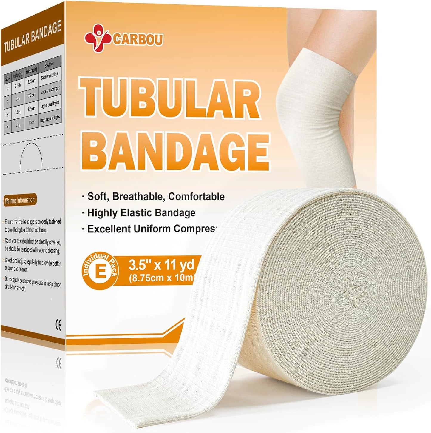 Carbou Elasticated Tubular Support Bandage 3.5" x 11 yd (Size E), Soft Stockinette Tubing for Legs, Arms, Knees, Thighs, Reusable Compression Support Bandage Roll for Joint Tissue