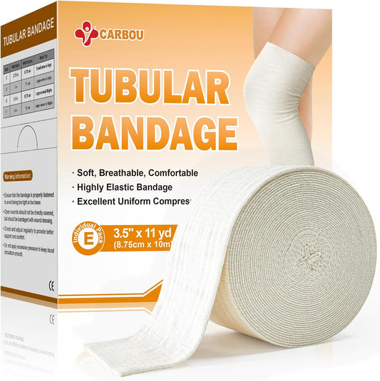 Carbou Elasticated Tubular Support Bandage 3.5" x 11 yd (Size E), Soft Stockinette Tubing for Legs, Arms, Knees, Thighs, Reusable Compression Support Bandage Roll for Joint Tissue