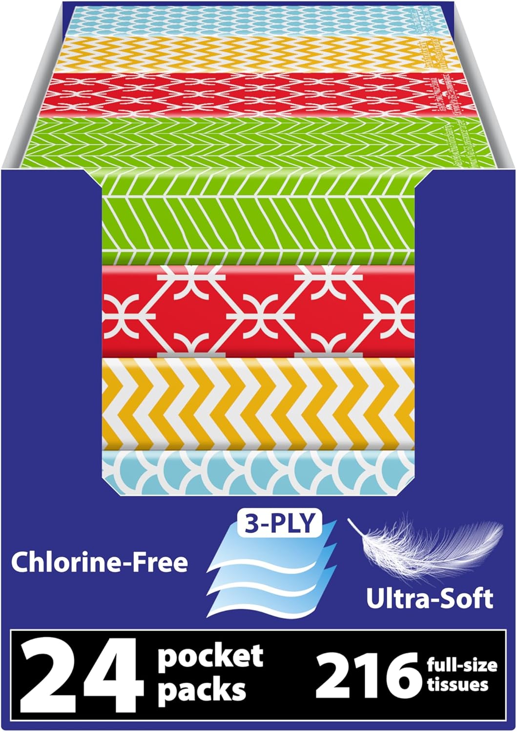 Travel Tissue Packs – 24 Compact 3-Ply Packs (216 Total), Soft Chlorine-Free Facial Tissues for Purse, Car, or School, Gentle & Durable, Non-Bleach, Stylish Geometric Design
