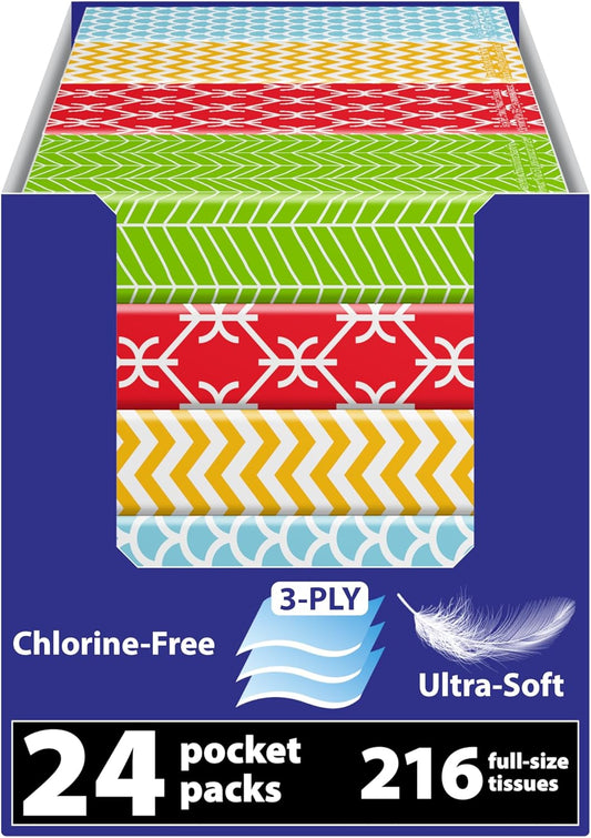Travel Tissue Packs – 24 Compact 3-Ply Packs (216 Total), Soft Chlorine-Free Facial Tissues for Purse, Car, or School, Gentle & Durable, Non-Bleach, Stylish Geometric Design