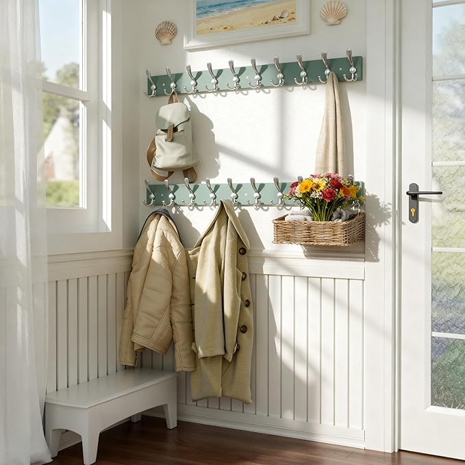 SKOLOO Creations Forest Green Solid Wood Wall Mounted Coat Rack, 10 Hooks, 38-1/8" Long - Kitchen, Mudroom, Entryway, Bathroom - Includes Mounting Hardware, Wall Coat Hanger, Towel Rack, Pack of 2