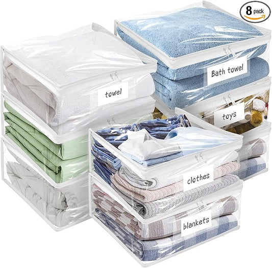 Plastic Storage Bags with Easy-Glide Zipper, Pack of 8, Durable Clear Vinyl Zippered Storage Bags for Clothes Sweaters Comforters Blankets Sheets Bedding (12 x 12 x 3.9 Inch)