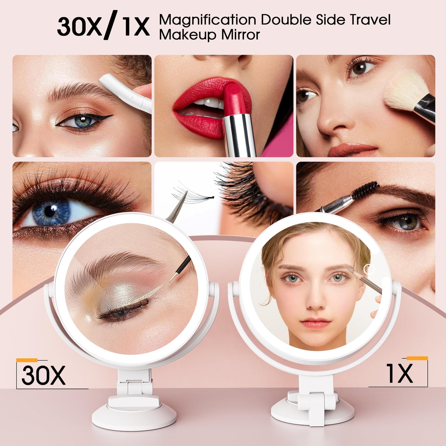 Magnifying Mirror with Light 30X, 2-Sided 30x/1x Magnifying Mirror with Suction Cup, 360° Rotation Wall Mounted Makeup Mirrors with Lights and Magnification, 3 Lighting Modes Adjustable Brightness