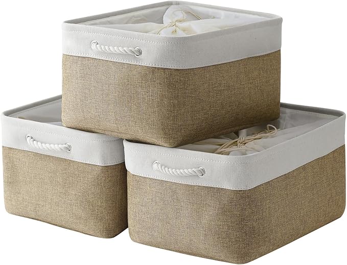 TheWarmHome Organization and Storage Basket for Organizing - X Large - 3 Pack 17.7LÃ13.8WÃ9.8H in Collapsible Storage Bin for Shelves, Fabric Basket for Gifts Organizer Toy Closet (White & Khaki)