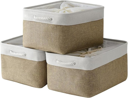 TheWarmHome Organization and Storage Basket for Organizing - X Large - 3 Pack 17.7LÃ13.8WÃ9.8H in Collapsible Storage Bin for Shelves, Fabric Basket for Gifts Organizer Toy Closet (White & Khaki)