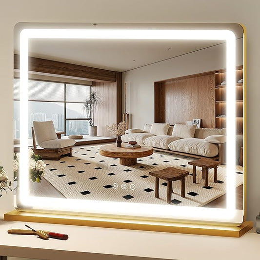 FENNIO 23" x 18" Vanity Mirror with Lightsï¼LED Makeup Mirrorï¼Hollywood Mirror with 3 Color Modes & Adjustable Brightnessï¼Vanity Mirror Gold