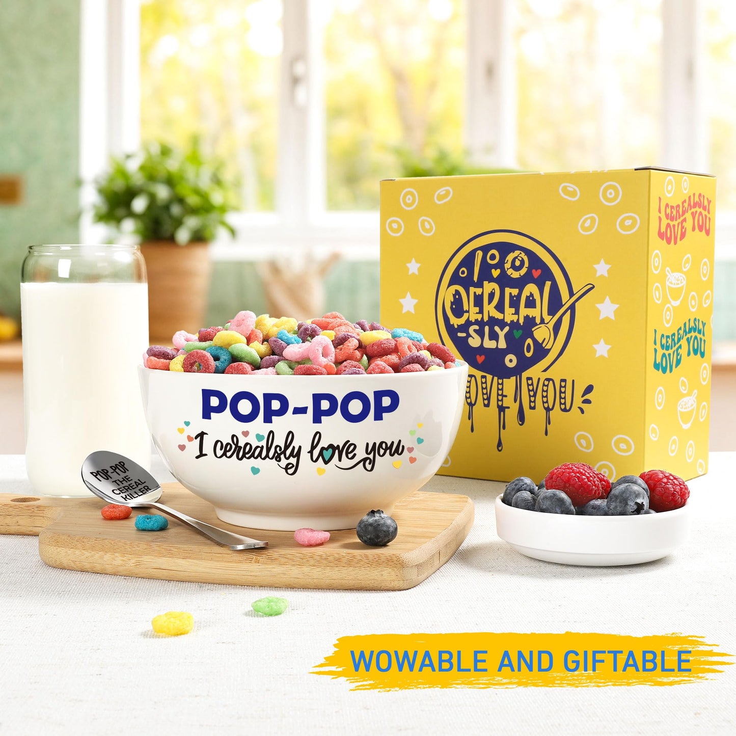 BackURyear Pop-Pop Gifts for Fathers Day, Funny Pop Pop Gifts for Grandpa Birthday from Grandkids Granddaughter, Ceramic Cereal Bowl Presents, POP-POP I Cerealsly Love You