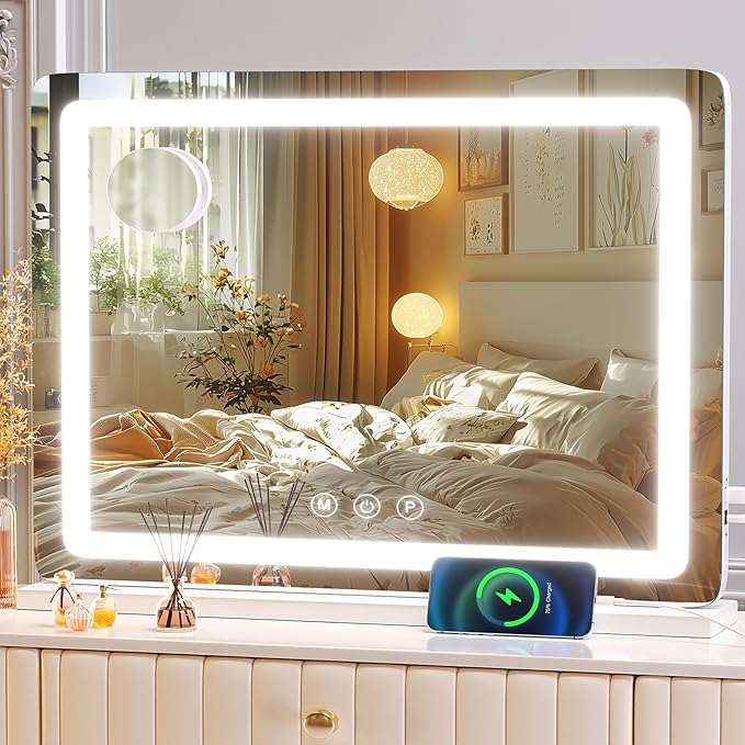 Makeup Vanity Mirror 24" x 19" Large LED Makeup Mirror, Desk Mirorr with Lights, Light up Mirror with 10X Magnification and, Dimmable 3 Modes, Touch Control White