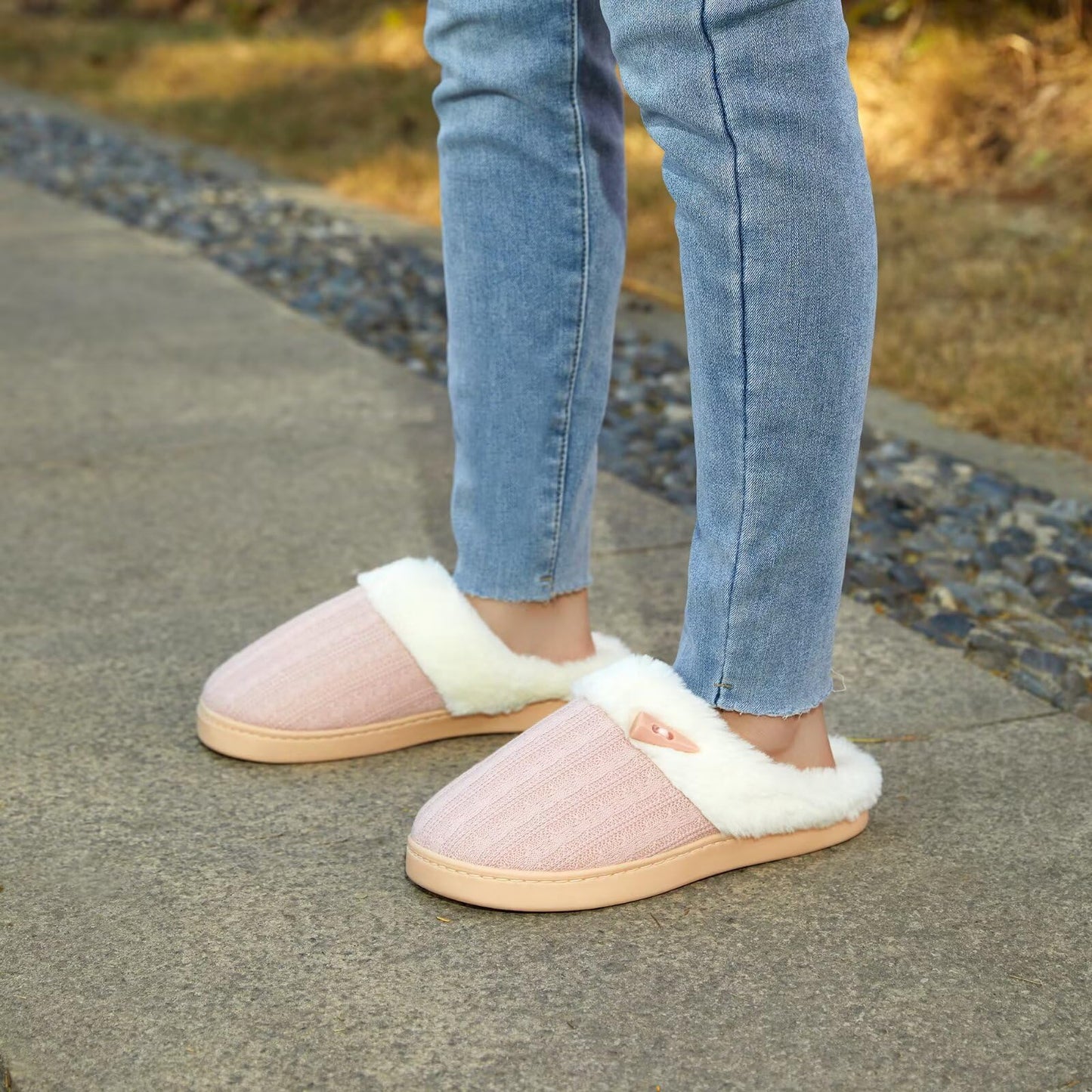 NineCiFun Women's Slip on Fuzzy Slippers Memory Foam House Slippers Outdoor Indoor Warm Plush Bedroom Shoes Scuff with Faux Fur Lining size 7 8 pink