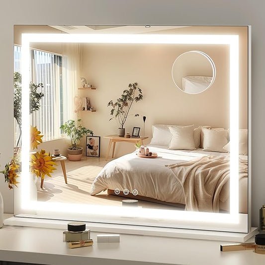 FENNIO 23" x 18" Vanity Mirror with Lightsï¼LED Makeup Mirrorï¼Hollywood Mirror with 3 Color Modes & Adjustable Brightnessï¼Vanity Mirror Square White