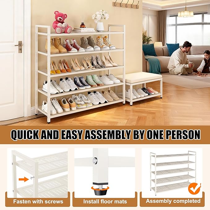 5-Tier Shoe Rack, Large Capacity Metal Free Standing Shoes Rack, Sturdy and Durable Shoe Organizer, Shoe Shelf for Closet, Entryway, Bedroom, for 28-30 Pairs, 42.1" W x 9.8" D x 35.4" H, White