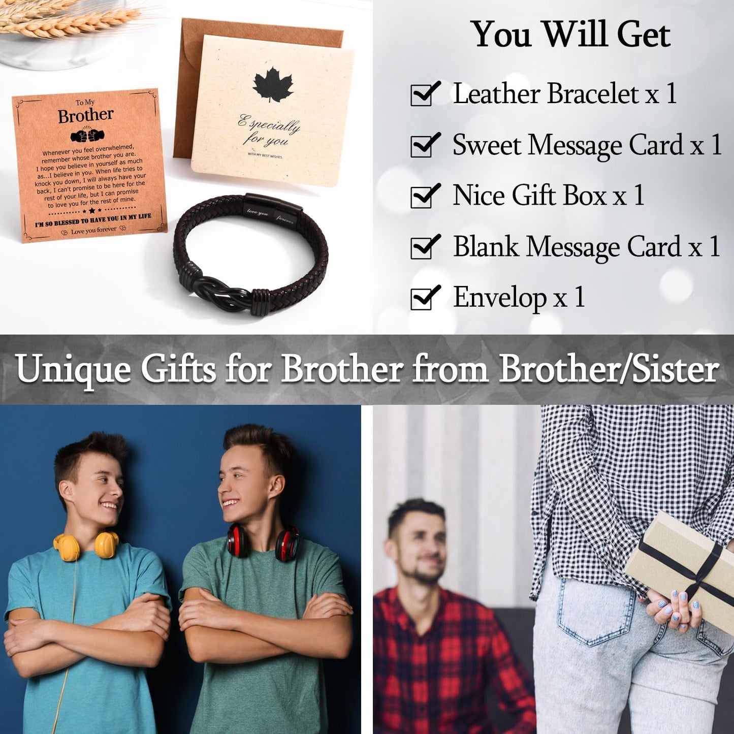 WIKHIA Gifts for Brother from Brother Sister, Cool Infinity Leather Bracelet Christmas Birthday Jewelry Present Ideas for Men