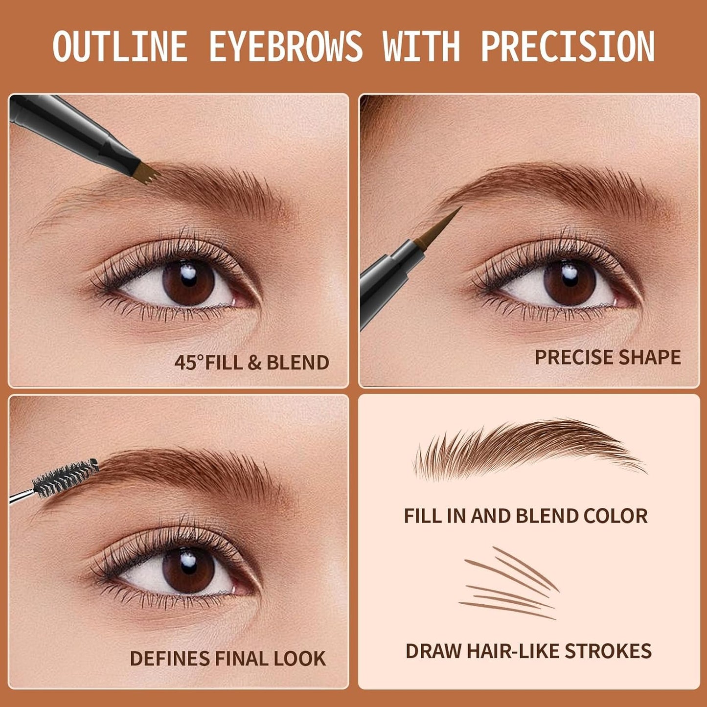 Eyebrow Pen, 2-in-1 Dual-Ended Microblading Eyebrow Pencil, Magical Faux Brow Pen with 4-Fork-Tip & Precise Brush-Tip Create Natural Hair-Like Brow, Waterproof, Stay on All Day, Black, 1Pcs