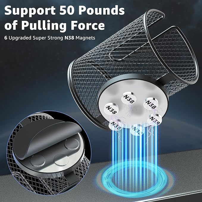 Magnetic Cup Holder, Fully Covered Anti-Fall Magnetic Drink Holder, Cup Caddy, N38 Super Magnet Cup Holder for Tractor Mower School Bus on Ferrous Metal Surface, 3.54" Inner Diameter(2 Pack Black)