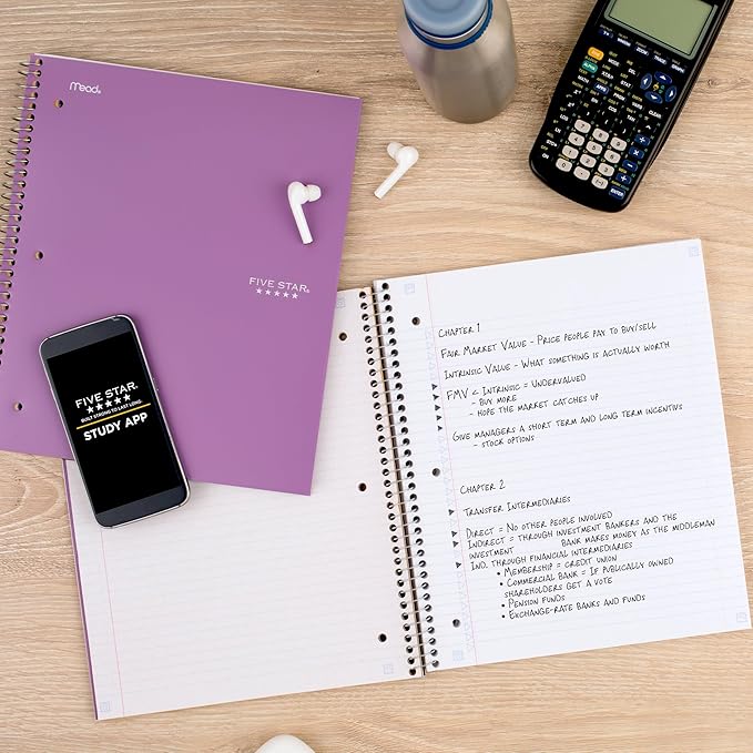 Five Star Spiral Notebook + Study App, 5 Subject, College Ruled Paper, 8-1/2" x 11", 200 Sheets, Fights Ink Bleed, Water Resistant Cover, Amethyst Purple (38748)