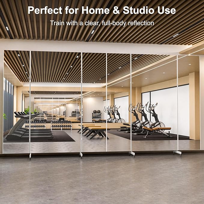 Brisafe 81" x 81" Extra Large Full Length Tri-Fold Mirror on Wheels, Stand Up Movable Floor Mirror with Stand, 3-Way Folding Standing Mirror for Gym, Dance Studio, Fitness Room & Home, Silver