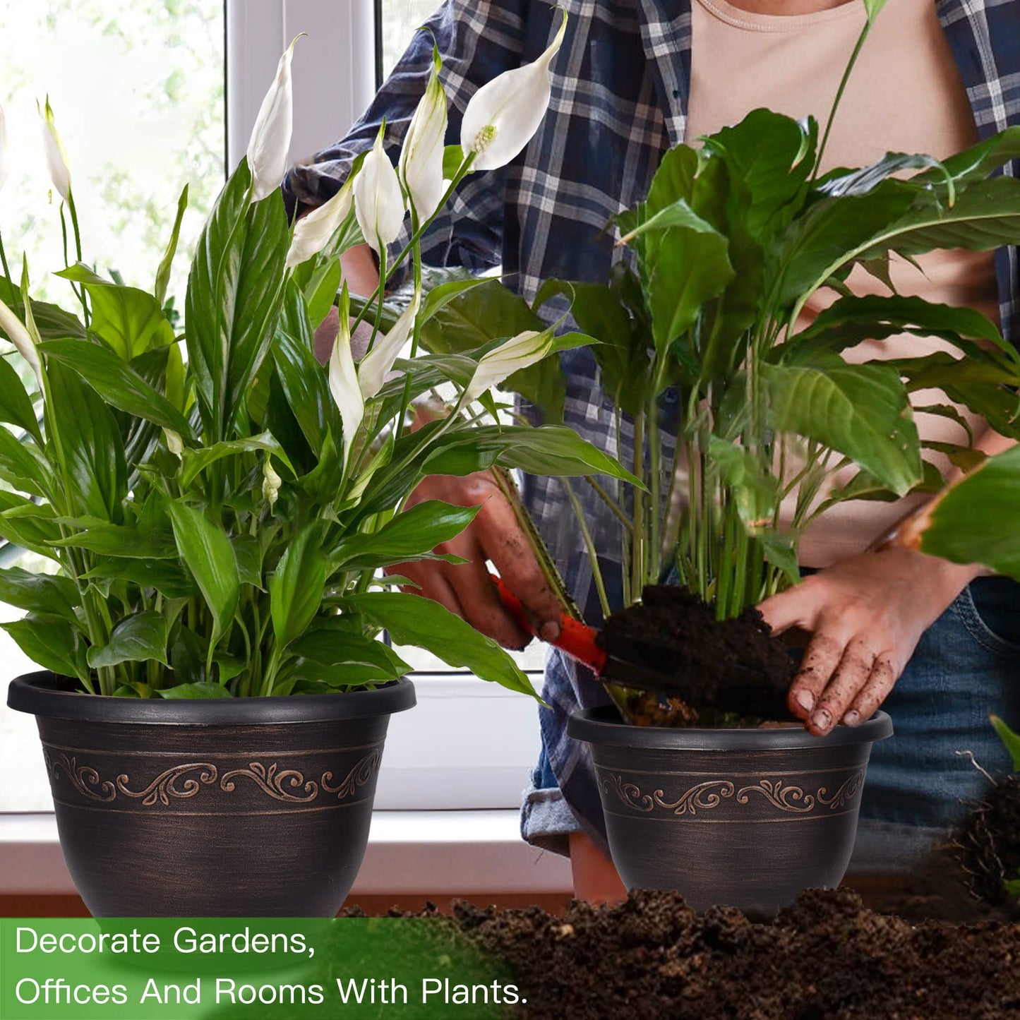 Plastic-Plant-Flower-Planters-12 Inch with Drainage Hole & Saucer, 3 Packs Lightweight Small Resin Flower Pot Indoor Outdoor, Retro Antique Imitation Decorative Garden Containers Sets for Houseplants
