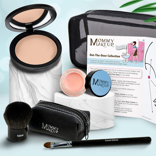 Out The Door Collection | Talc-free 5-piece Mineral Makeup Set | DUE DATE (Medium) - For medium complexions + DUCHESS - A Peachy Rose with a Silver Sheen