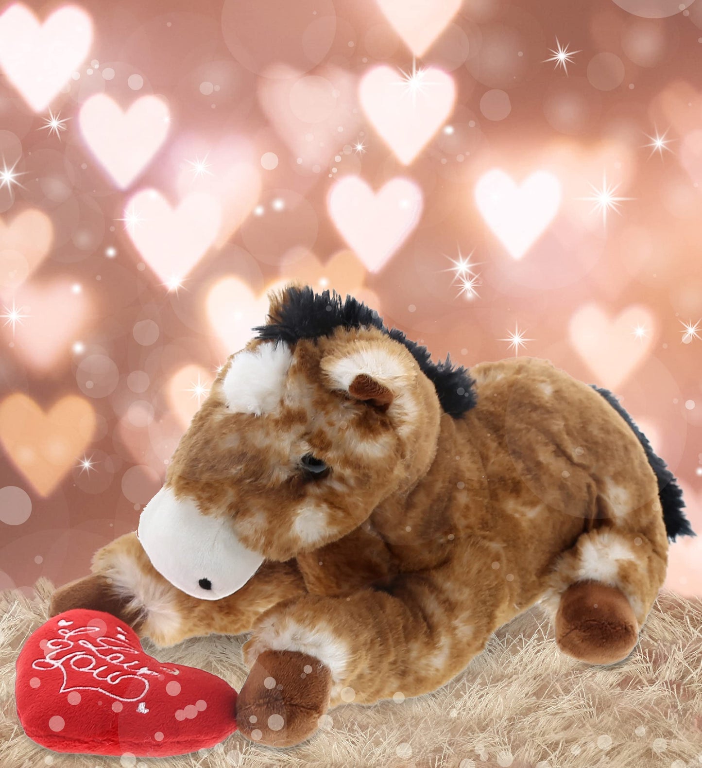 DolliBu I Love You Valentine Plush Lying Brown Horse - Cute Stuffed Animal with Red Heart and Name Personalization Gift for Valentines Day, Birthday, Anniversary, Romantic Date - 10.5 Inches