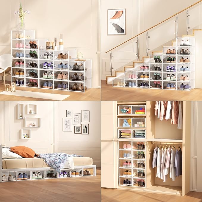 Secret Space 12 Pack XX Large Shoe Storage Organizer for Closet, Modular Space Saving Shoe Boxes Clear Plastic Stackable Containers Display Case Bins with Lids, Shoe Rack for Sneaker Storage, White