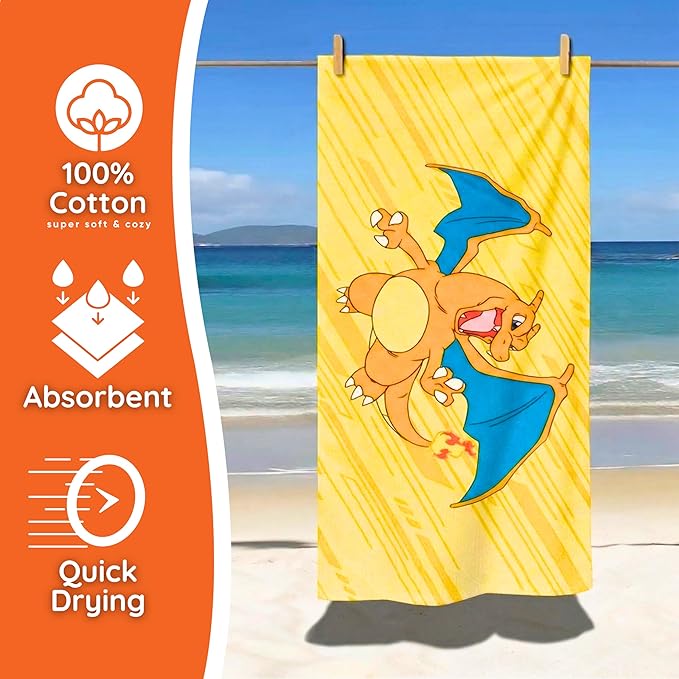 Pokemon Charizard Fire Kids Cotton Beach Towel, 58 x 28 Inch, Soft & Absorbent Pool, Bath & Beach Towel (Officially Licensed Product) by Franco