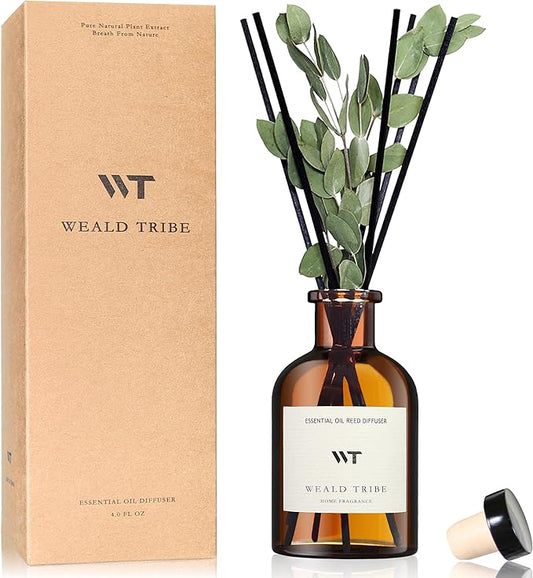 WEALD TRIBE Reed Diffuser Set for Bathroom Air Fresheners, Oil Diffuser Sticks with Flower | Eucalyptus & Mint Scent 4.0 fl oz Home Fragrance with Sticks Defusers | House Bedroom Office Shelf Decor