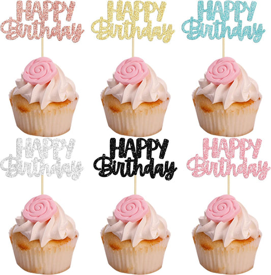 Gyufise 24Pcs Happy Birthday Cupcake Toppers Glitter Birthday Cupcake Food Picks for Celebrating Happy Birthday Party Cake Decorations Supplies Six Colors