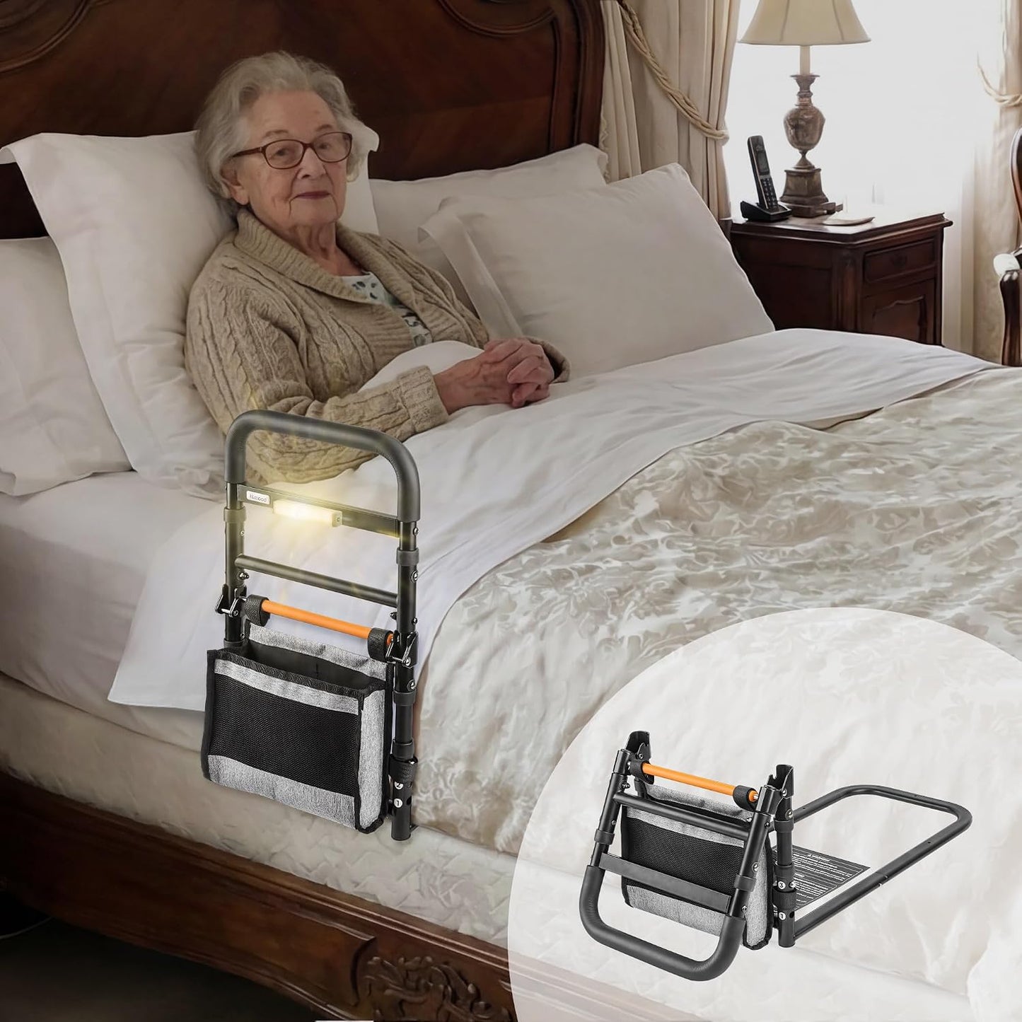 C1 Fold Pro Bed Rails for Elderly Adults Safety - Bed Cane Assist Rail for Seniors with Activated Light Adjustable Height
