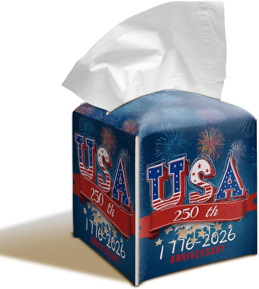 USA 250th Anniversary Patriotic Square Tissue Box Cover, 5.2" PU Leather Tissue Box Holder with Fireworks American Flag Design, Hand-Stitched Decorative Cube Tissue Box Cover for Home Car Office