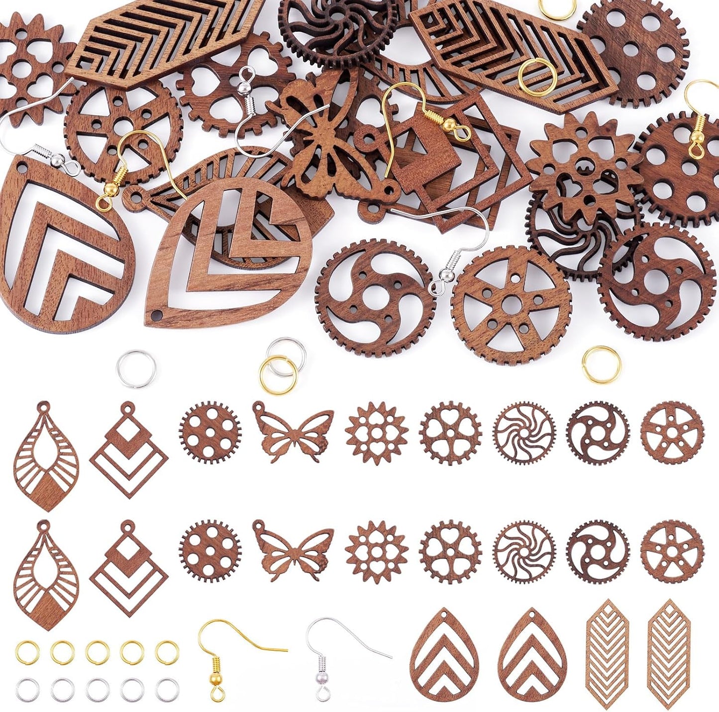 Elecrelive 11 Pairs Wooden Dangle Earring Kits Leaf Rhombus Butterfly Gear Wood Earring Pendants Natural Wooden Charms with Earring Hooks for Jewelry Craft Making