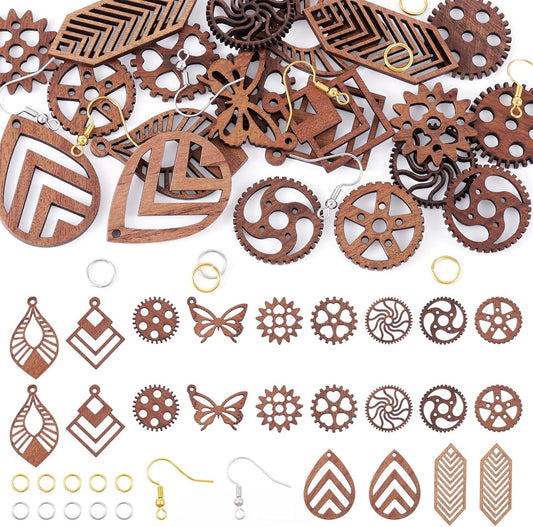 Elecrelive 11 Pairs Wooden Dangle Earring Kits Leaf Rhombus Butterfly Gear Wood Earring Pendants Natural Wooden Charms with Earring Hooks for Jewelry Craft Making