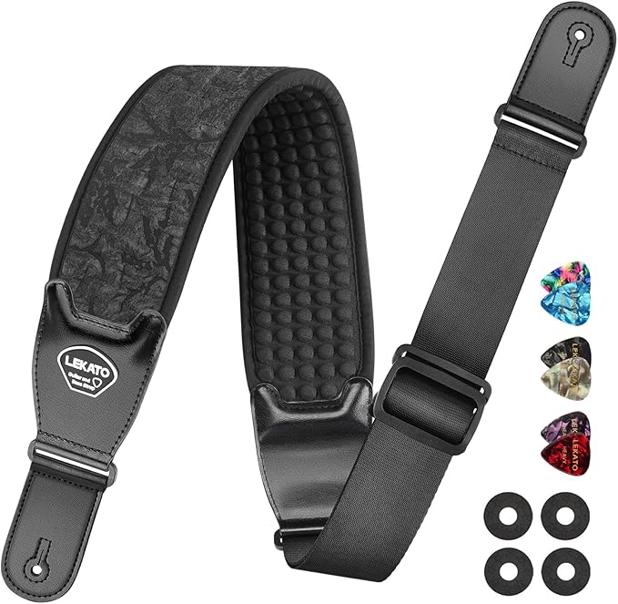 LEKATO Guitar Strap for Electric Guitar Bass, 3.5" Wide Anaglyph Embossed Retro Neoprene Padded Straps with 3D Sponge Filling Adjustable Length from 45" to 55" with Strap Locks and Picks, Black